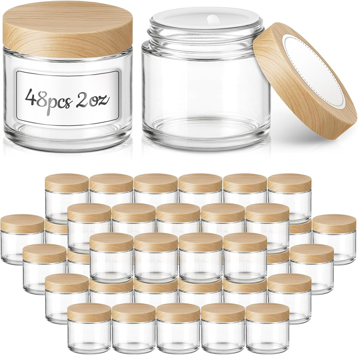 Bumobum 48 Pack 2 oz Small Glass Jars with Plastic Woodgrain Lids