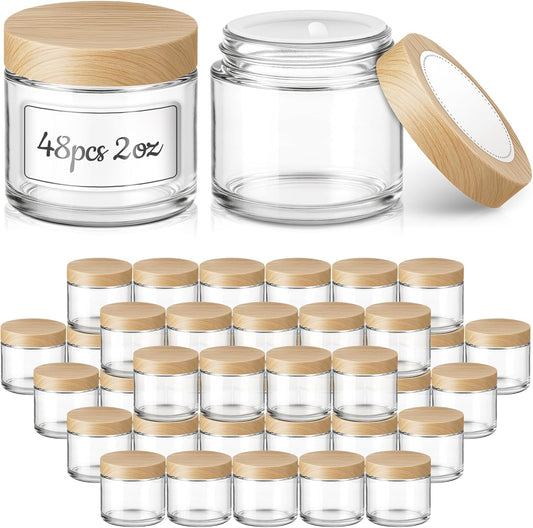 Bumobum 48 Pack 2 oz Small Glass Jars with Plastic Woodgrain Lids