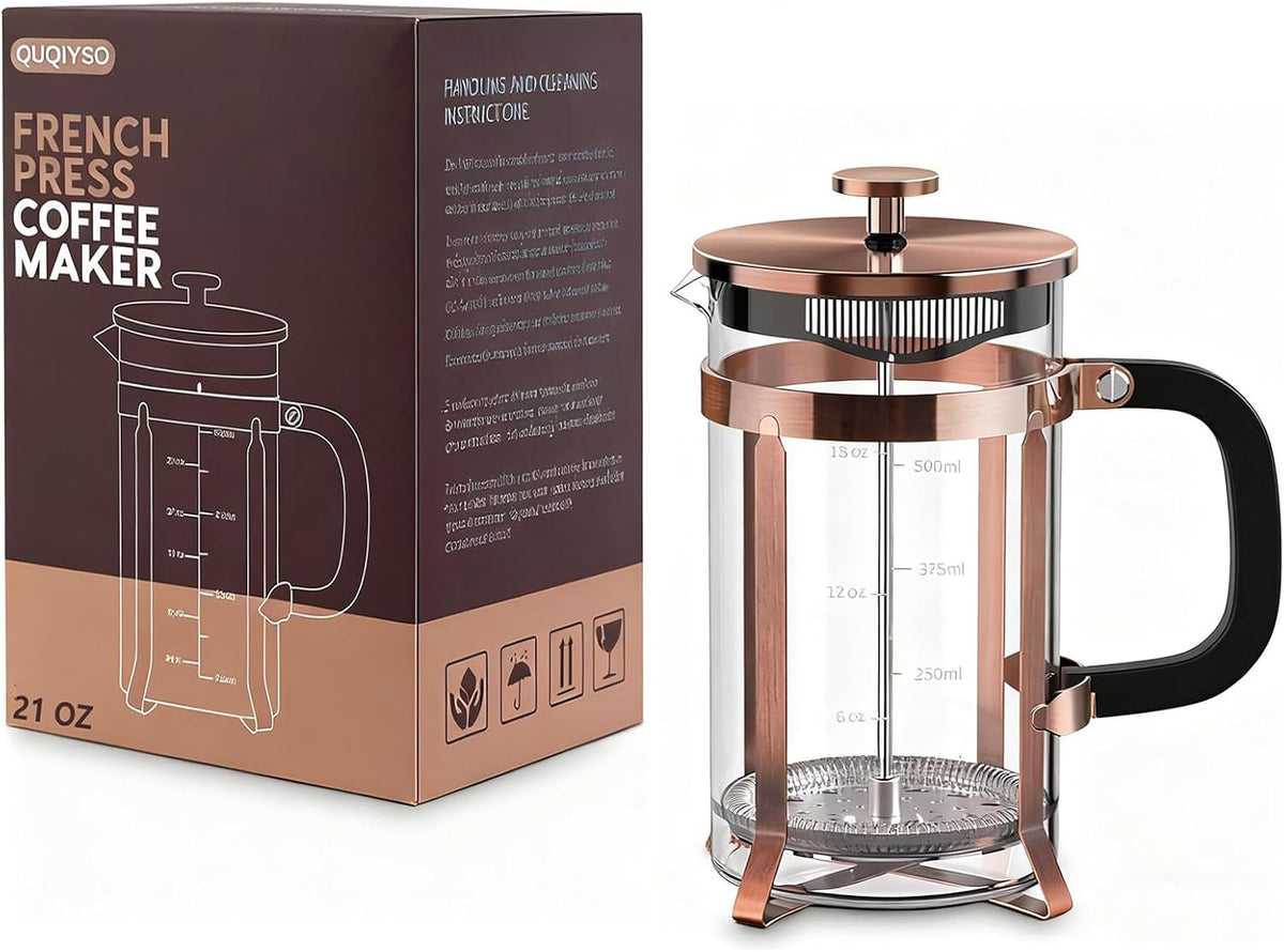 QUQIYSO French Press Coffee Maker, Borosilicate Glass Coffee Press | Thickened Glass Stainless Steel Coffee French Press,Easy to Clean,4 Filter Suitable for Kitche Camping Gifts (21oz, Copper)