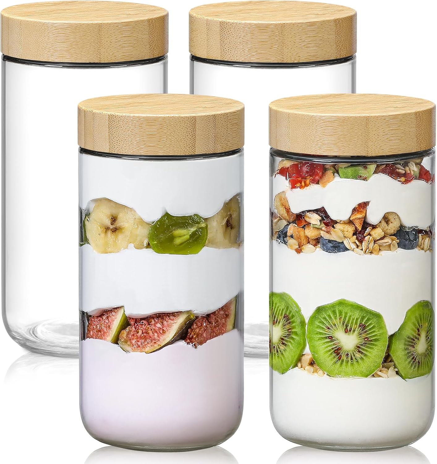 NETANY 4-pack 24oz Glass jars with Airtight Lids, Overnight Oats Containers with Bamboo Lids, Wide m