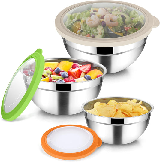 TeamFar Mixing Bowls, 4.5/3/1.5 QT Stainless Steel Nesting Salad Bowls with Airtight Lids, For