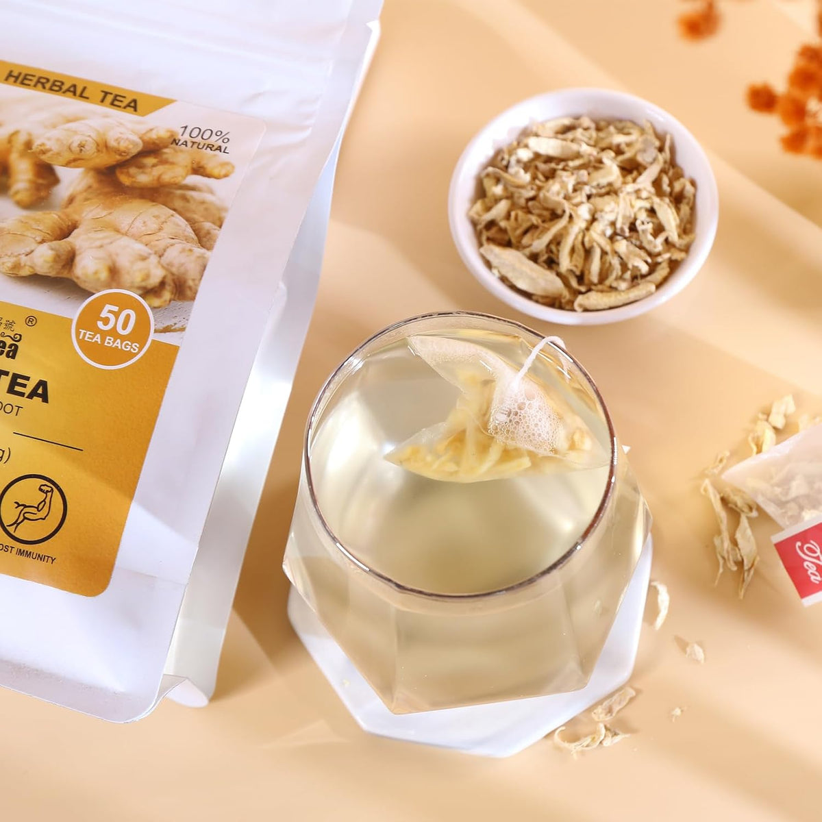 FullChea Ginger Tea Bags, 50 Counts, Te De Jengibre, Non-GMO | Pure Ginger Root,Warm &amp; Spicy, Support Digestion &amp; Boost Immunity, No Additives, Resealable Pouch