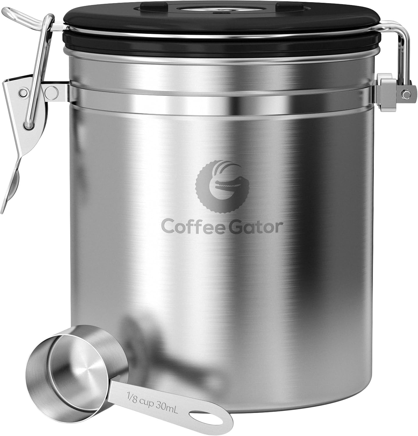 Coffee Gator Coffee Canister, 16oz Airtight Stainless Steel Container | w/ Date Tracker, Scoop, Kitchen Food Storage Jars for Beans , Ground, Rice, Tea, Sugar, Cookie, Bar Accessories, Silver