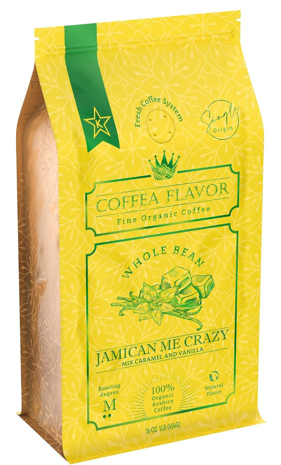 Organic Whole Bean Coffee Medium Roast (16oz) - Jamican Me Crazy Flavored | 100% Arabica, Single Origin and Low Acid - USDA Organic and Fair Trade Certified - Naturally Flavored Without Additives