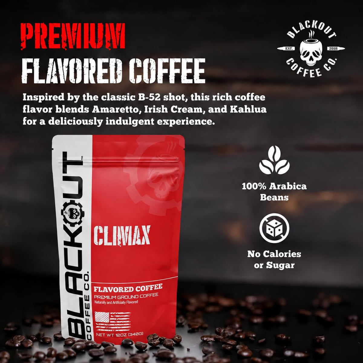 Blackout Coffee Climax Amaretto, Irish Cream &amp; Kahlua Flavored Ground Coffee – Medium Roast, Smooth Taste, Guilt-Free Indulgence – Freshly Roasted 12oz Bag.