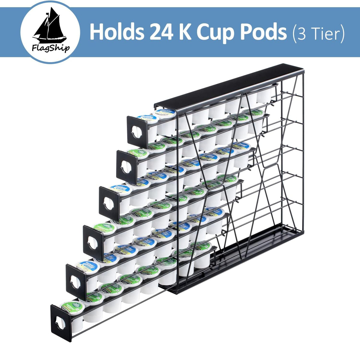 FlagShip 6-Tier Coffee Pod Holder for K Cup - 48 Capsule Max Capacity Metal Rack, Ultra-Efficient Corner Storage Space Saving Design