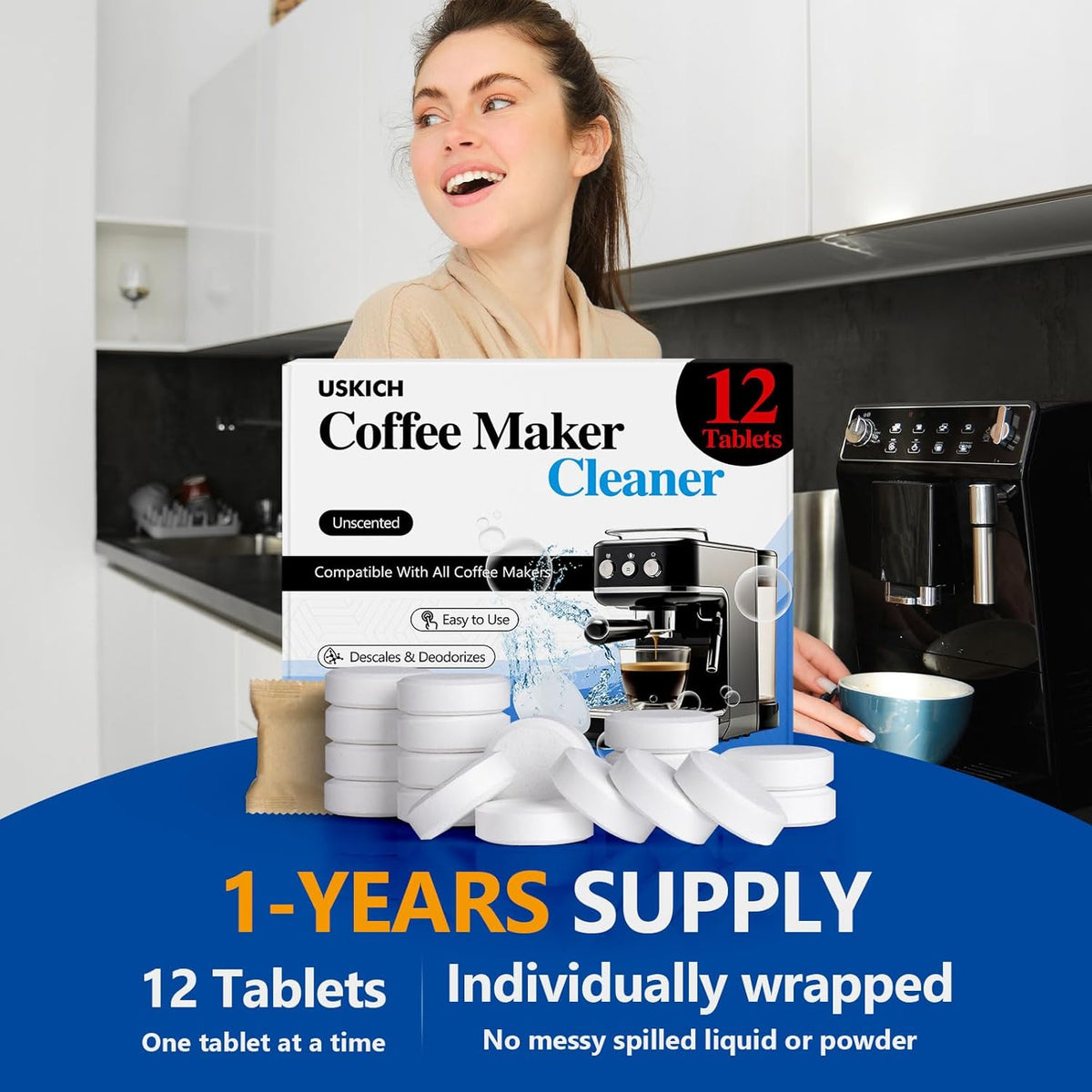 Coffee Machine Cleaner Descaler Tablets 12 Pack, Coffee Maker Cleaner for Keurig, Ninja, Breville, Delonghi, Nespresso, Miele,Espresso Machine Cleaning Tabs,Descaling Solution for Coffee Pot Maker