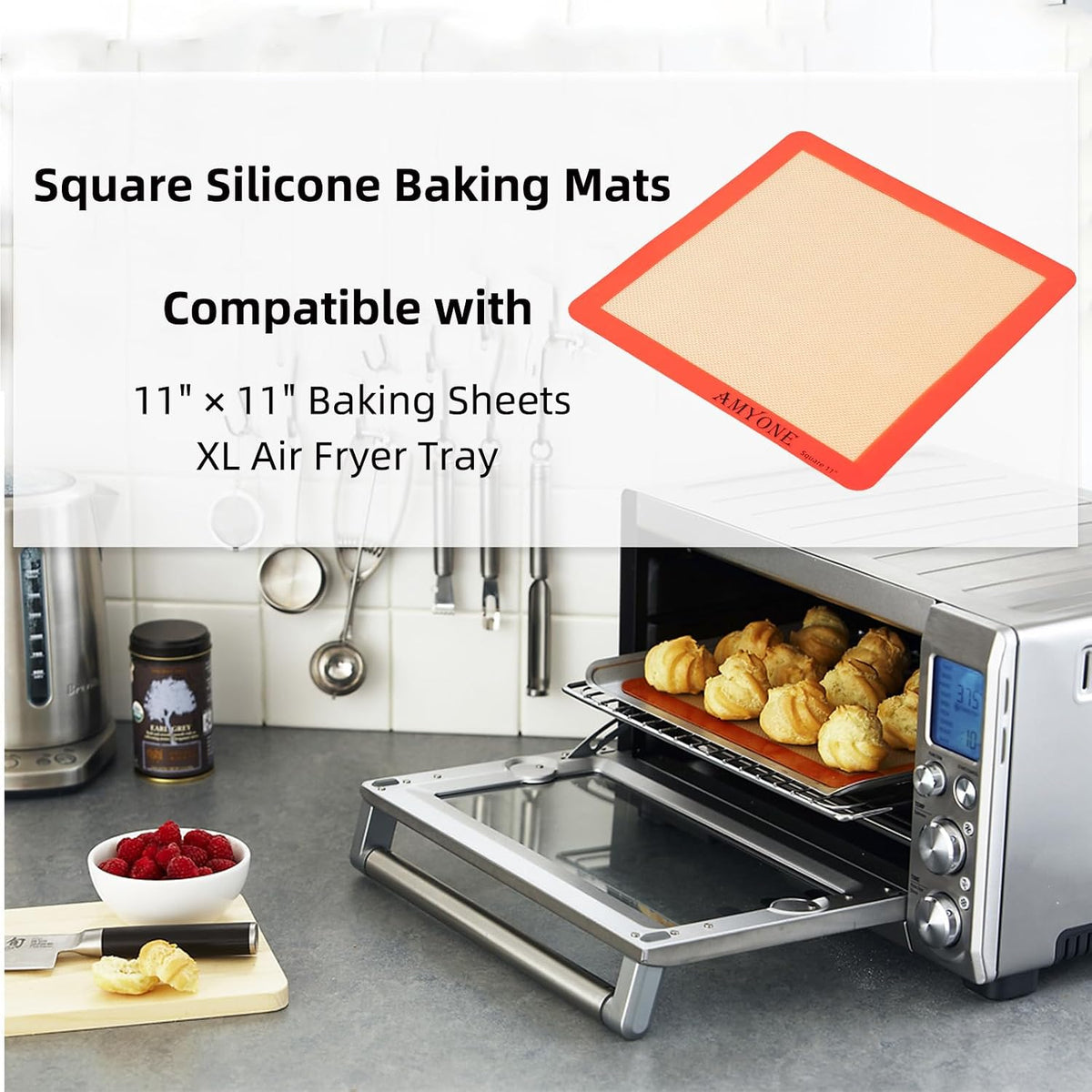 AMYONE 11x11 Silicone Baking Mat, Square Air Fryer Liner, Platinum, 2 Pack | For 11x11 Square Cake Pan/Cheesecake Pan/Toaster Oven/XL Air Fryer, Food Grade Silicone Baking Sheet Liner for Cake/Cookie