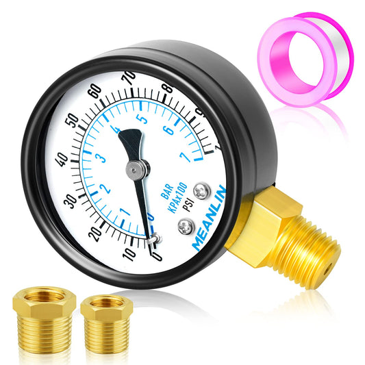 MEANLIN MEASURE 0-100Psi 2" DIAL FACE 1/4" NPT Well Pump Pressure Gauge, with 1/2" NPT and 3/8" NPT Hex Bushing, 3-2-3%