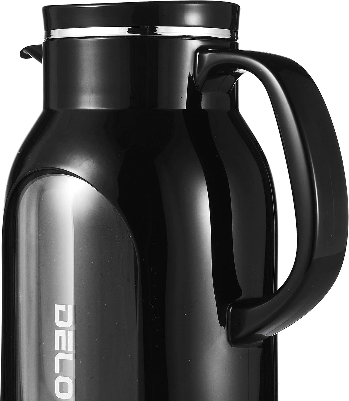 Delove 68 oz/2 Liter Glass Pitcher with Shatterproof Shell - Heat Resistant Glass Liner - Stainless Steel Lid - Carafe &amp; Jug for Iced Tea,Hot/Cold Water,Homemade Juice Beverages (Black)
