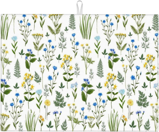 Blue Yellow Wildflower Dish Drying Mats for Kitchen Counter, Vintage Botanic Fern Leaves Floral Kitchen Drainer Pad, 18" x