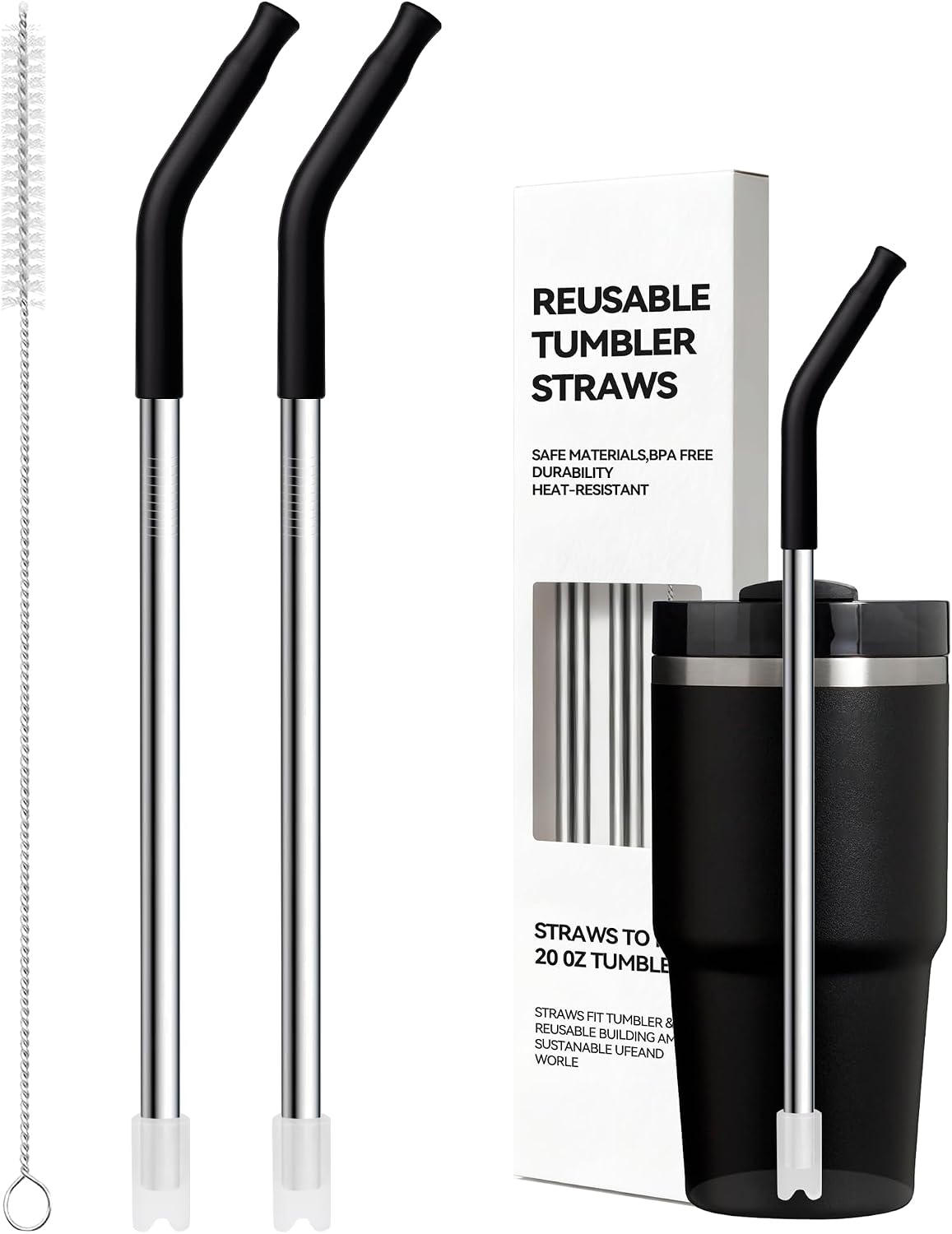 Metal Straws With Silicone Tip For Stanley Adventure Quencher H2.0 Tumbler 14 oz 20 oz, Short Straw Replacement Stainless Straws Reusable For STANLEY Cups 14oz,20 oz, Dishwasher Safe(Black)