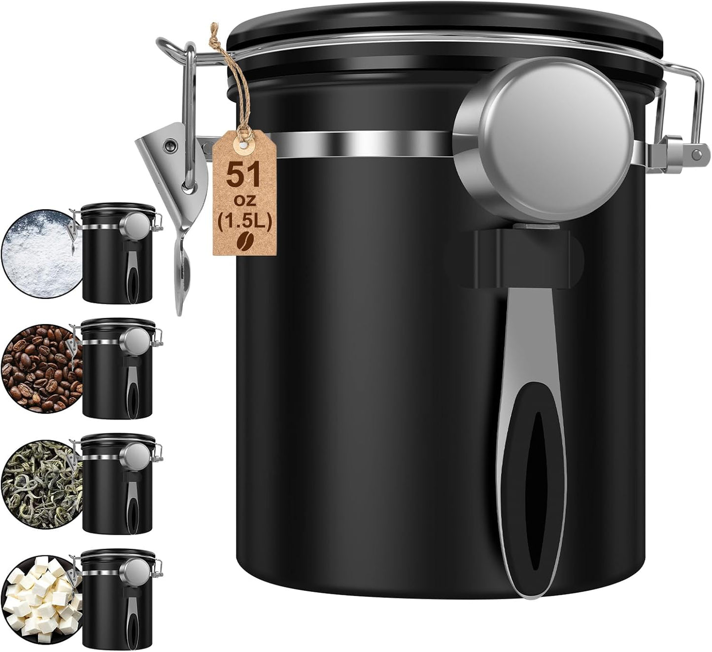 4PCS Coffee Storage Canister 1.5L 51OZ Double Airtight Coffee Beans Container with Date Locator 304 Stainless Steel Kitchen Food Storage Container with Spoon for Tea Sugar