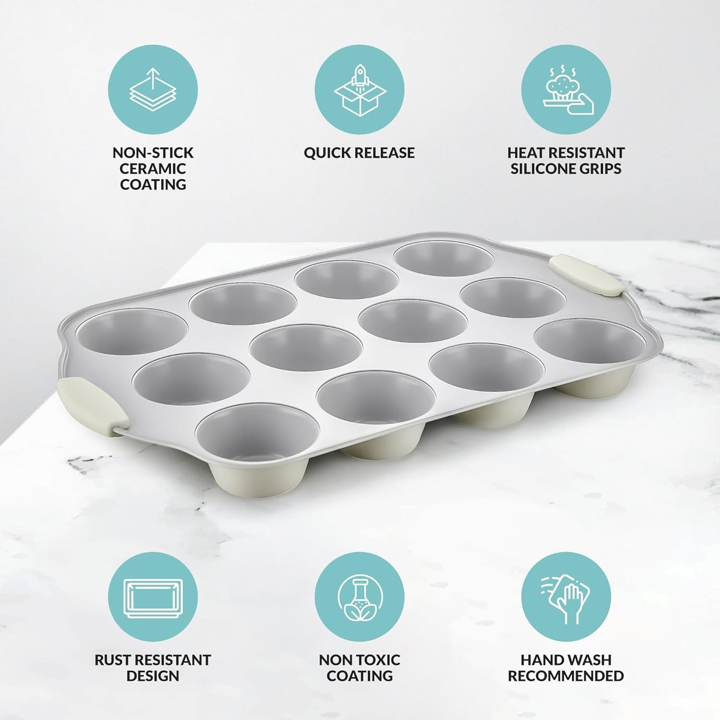 Boxiki Kitchen 12 Cups Ceramic Coated Muffin Pan for Baking - Durable Steel Frame Cupcake Pan w/Nonstick Surface -