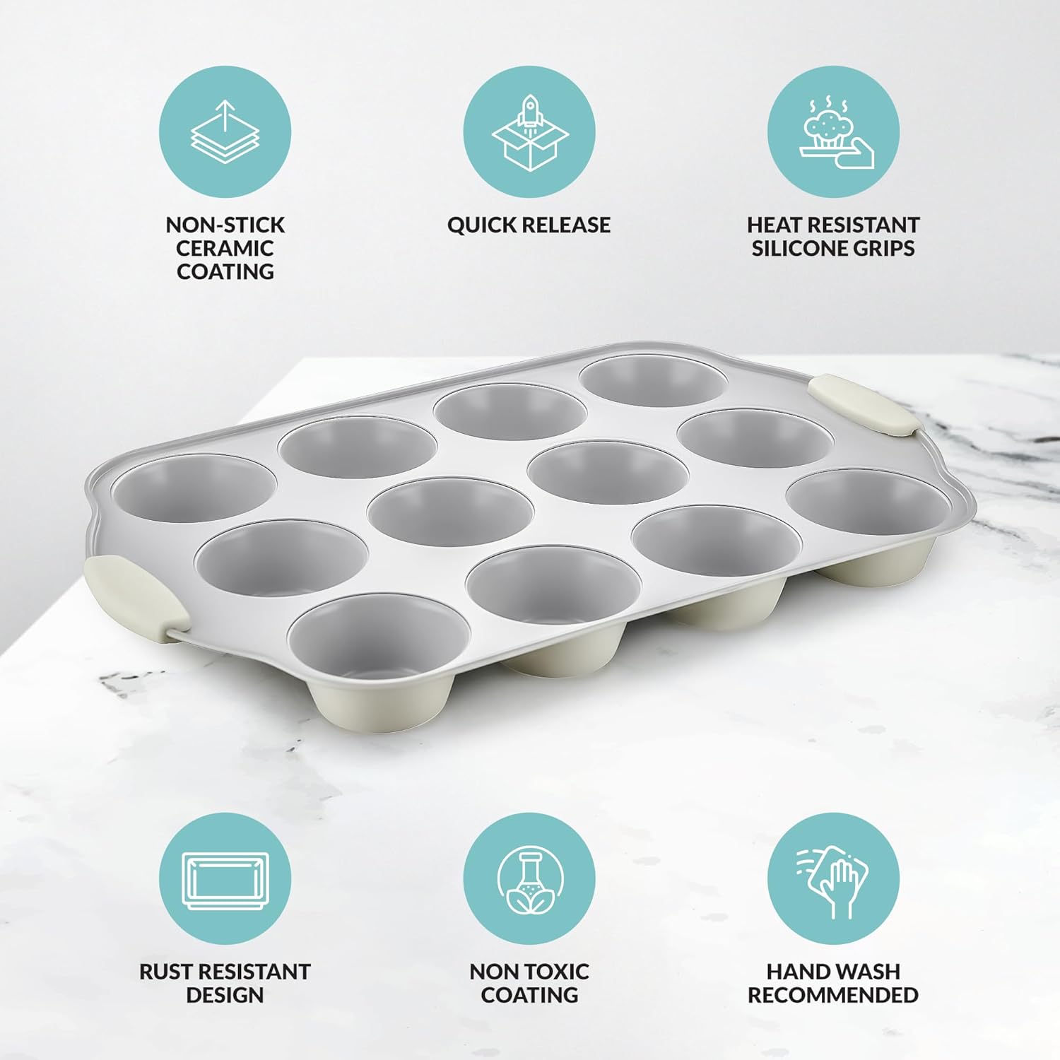 Boxiki Kitchen 12 Cups Ceramic Coated Muffin Pan for Baking - Durable Steel Frame Cupcake Pan w/Nonstick Surface -