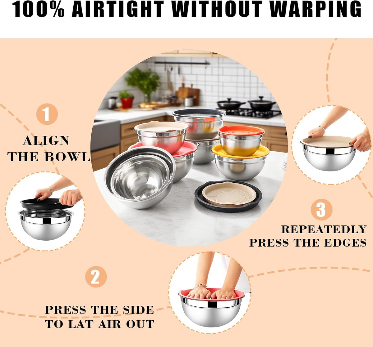 Lazycorner Mixing Bowls with Airtight Lids Set 5 Pcs Stainless Steel Bowls Set Baking Set Non-Slip Silicone Bottoms Great for Serving &amp; Baking