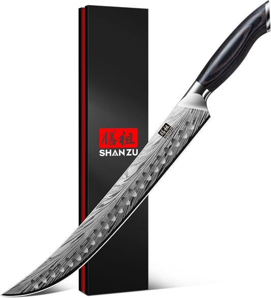 SHAN ZU Butcher Knife in High Carbon Powder Steel, 12 Inch Brisket Knife for Meat Cutting, Carving and Slicing Knives with