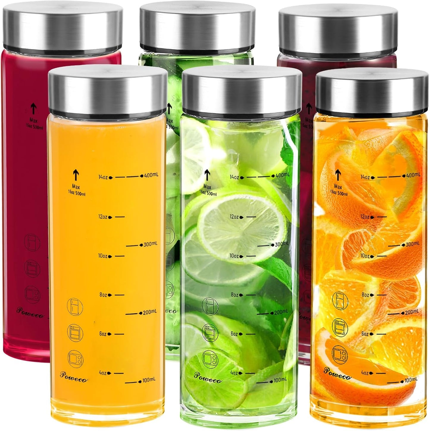 Glass Juice Bottles 6 Pack 16 oz - Wide Mouth Glass Water Bottles with Lids - for Juicing, Protein, 
