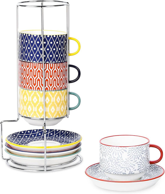 Selamica Ceramic Cappuccino Cups with Saucers and Metal Stand, 8 OZ Stackable Espresso Coffee Cups for Coffee, Latte,