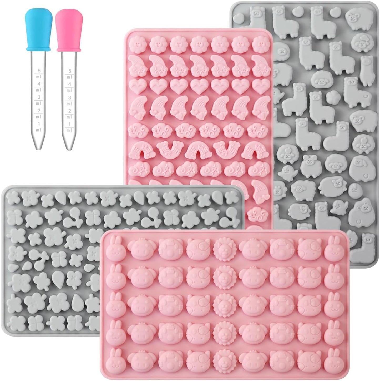 Animals & Flowers Silicone Candy molds, Non-Stick Gummy Bear Chocolate Gelatin Tray with 2 Droppers Creates 260 Alpaca, Clover, Animals