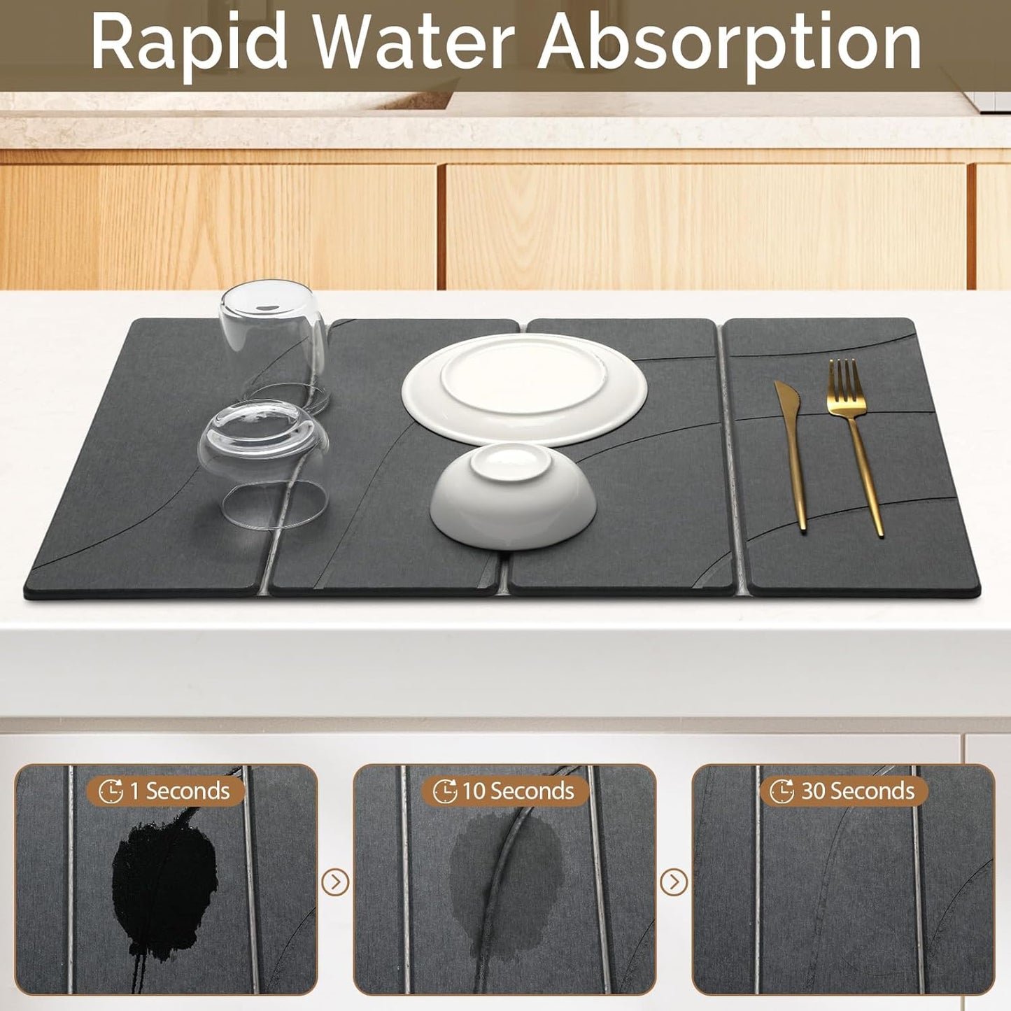 Large Stone Dish Drying Mat for Kitchen Counter, 2 PCS Quick Dry Stone Mats, Foldable Water Absorbing Diatomaceous Earth Drying Dishes Pad for Countertop Bottle Utensil Cup(Carved Gray 24"x16"&amp;8"x4")