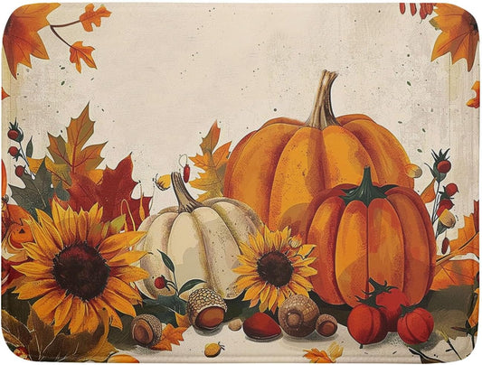 Happy Thanksgiving Day Harvest Dish Drying Mat for Kitchen Counter,Sunflower Maple Leaves Pumpkin Drying Mat 18 x 24 Inch