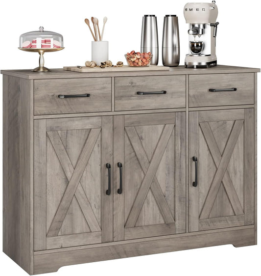 HOSTACK Modern Farmhouse Buffet Sideboard Cabinet, Barn Doors Storage Cabinet with Drawers and Shelves, Wood Coffee Bar with