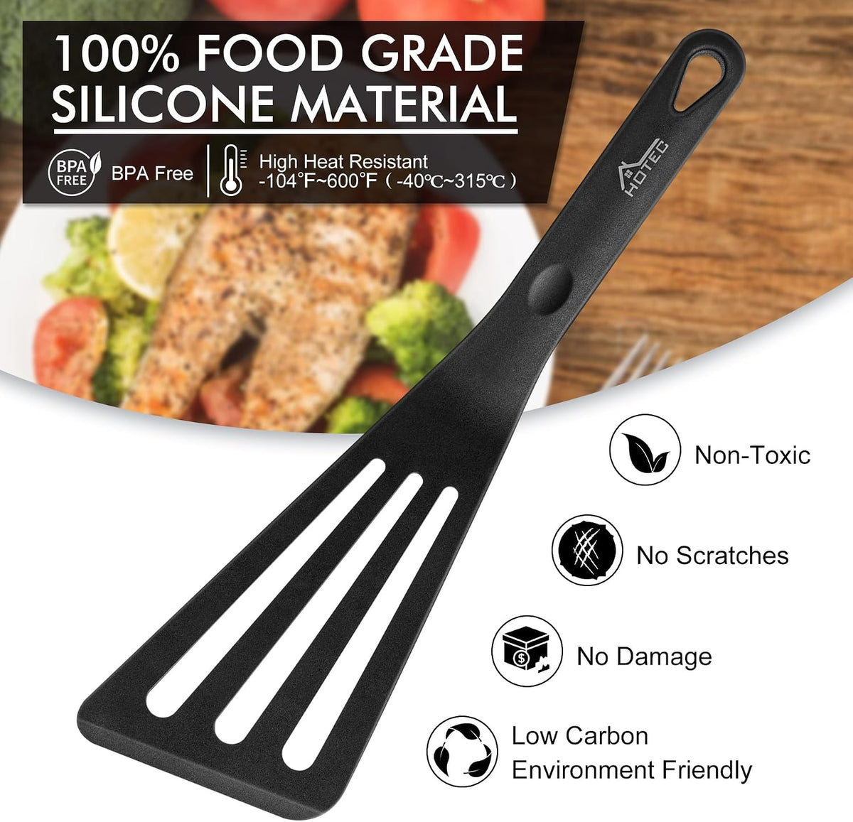 HOTEC 2-Pack Silicone Slotted Fish Turner Spatula Set, Black