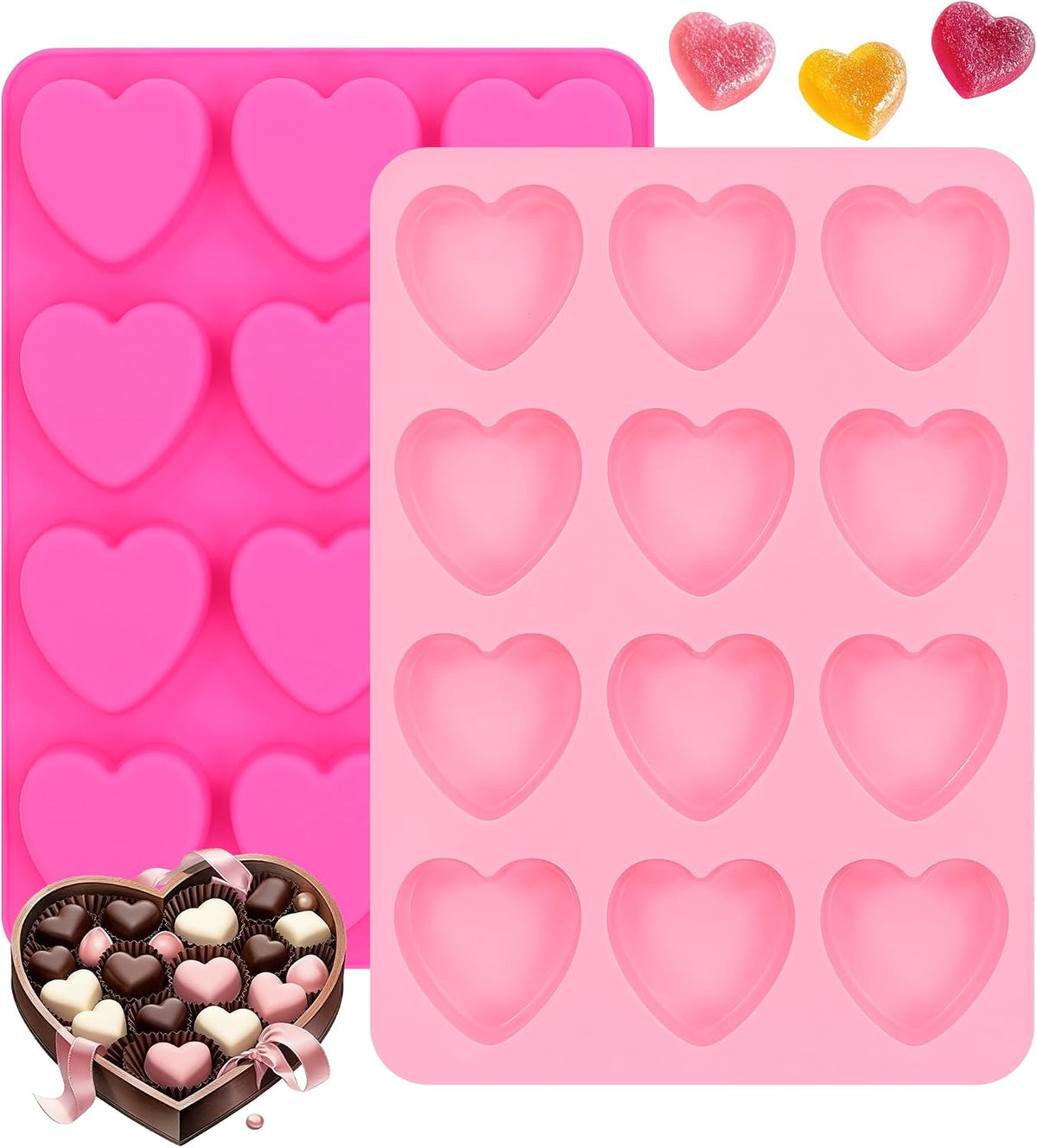 Heart-Shaped Silicone Chocolate Molds - Set of 2, Perfect for Mother's Day, Non-Stick Candy Heart Molds for Baking, Candy, Gummy, Cake, Jelly, Pudding, Handmade Soap Mould