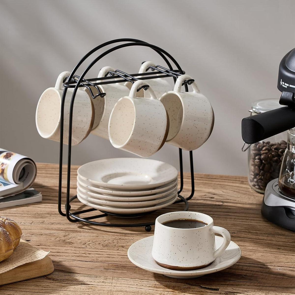Stackable Cappuccino Cup Set of 6 [4oz]Activated-Glazed Ceramic Coffee Cup | Ceramic Coffee Cups with Saucers and Cup Holder,Microwave/Dishwasher Safe,Espresso Demitasse Cups(White)