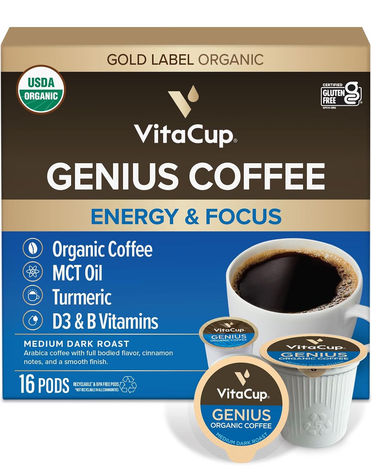 VitaCup Organic Genius Keto Coffee Pods, Increase Energy &amp; Focus w/MCT Oil, Turmeric, B Vitamins, D3, Medium Dark Roast, Bold, Smooth, Single Serve Pod Compatible w/Keurig K-Cup Brewers, 16 Ct.