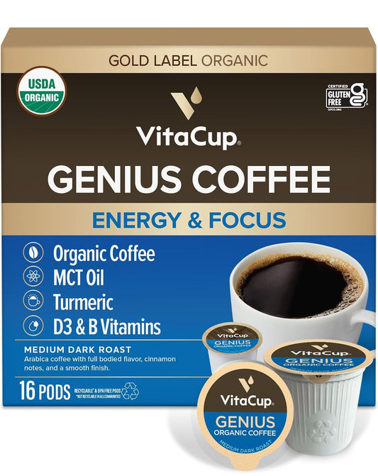 VitaCup Organic Genius Keto Coffee Pods, Increase Energy &amp; Focus w/MCT Oil, Turmeric, B Vitamins, D3, Medium Dark Roast, Bold, Smooth, Single Serve Pod Compatible w/Keurig K-Cup Brewers, 16 Ct.