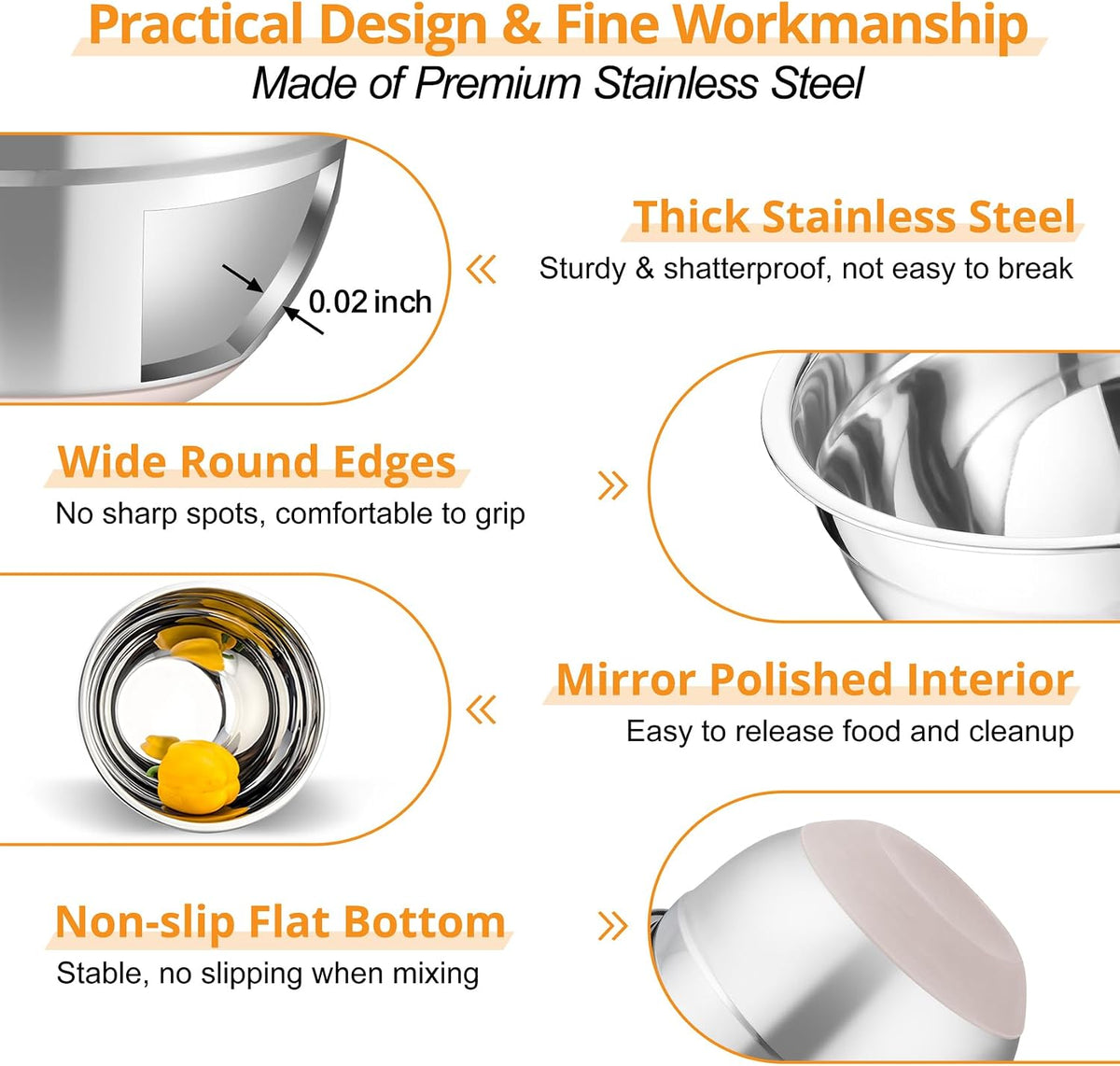 TeamFar Mixing Bowls, Salad Bowls with Transparent Airtight Lids, Khaki | 5PCS Stainless Steel Serving Bowls For Kitchen Mixing/Baking/Storing/Prepping, Non-Slip Bottom - 4.6/3.5/1.5/1 / 0.7 QT