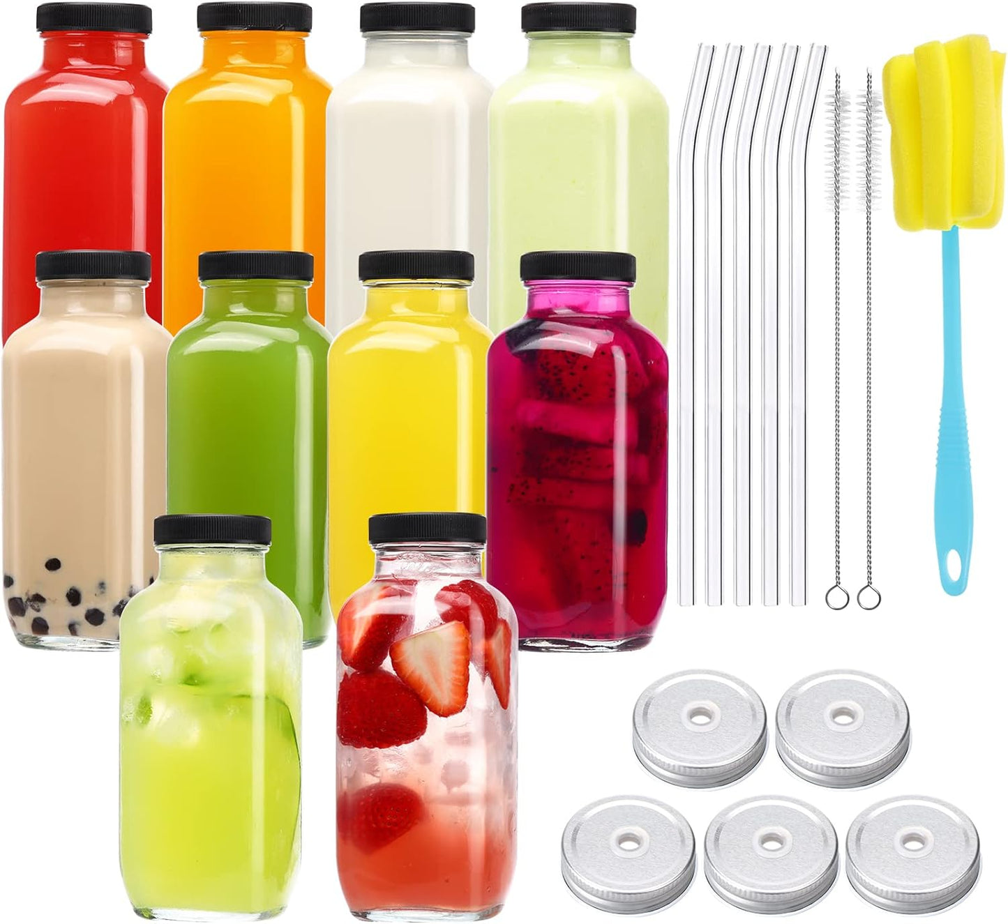 CUCUMI 10pcs 16oz Glass Juice Bottles with Lids, Reusable Juice Containers Drinking Jars Water Cups 