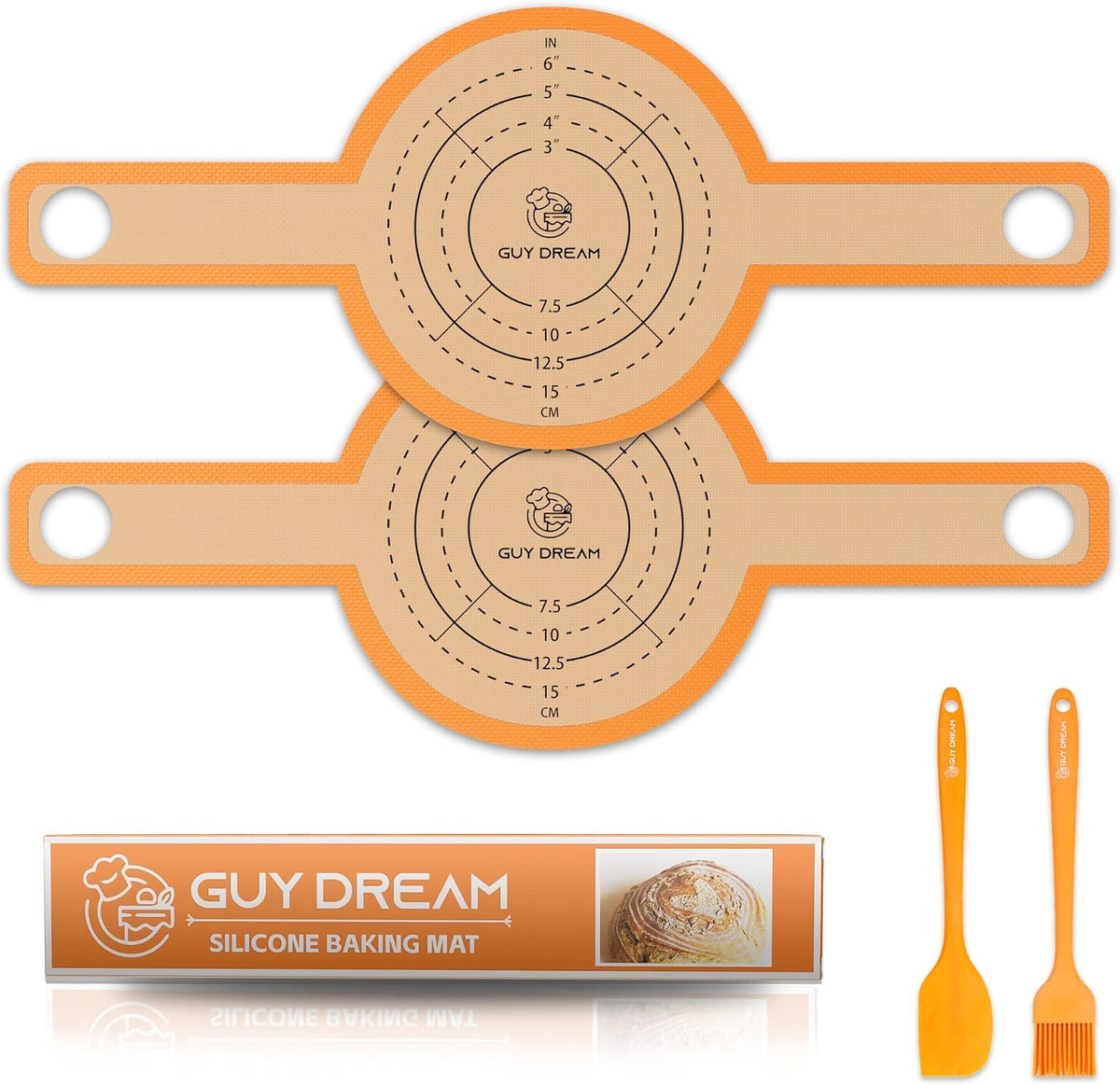 GUYGUYDREMAT Bread Sling for Dutch Oven – Heavy-Duty Reusable Silicone Baking Mat with Finger-Loop Handles, Non-Stick Sourdough Bread Liner, Fits 8–9 Inch Baskets (2-Pack, High-visibility Orange)