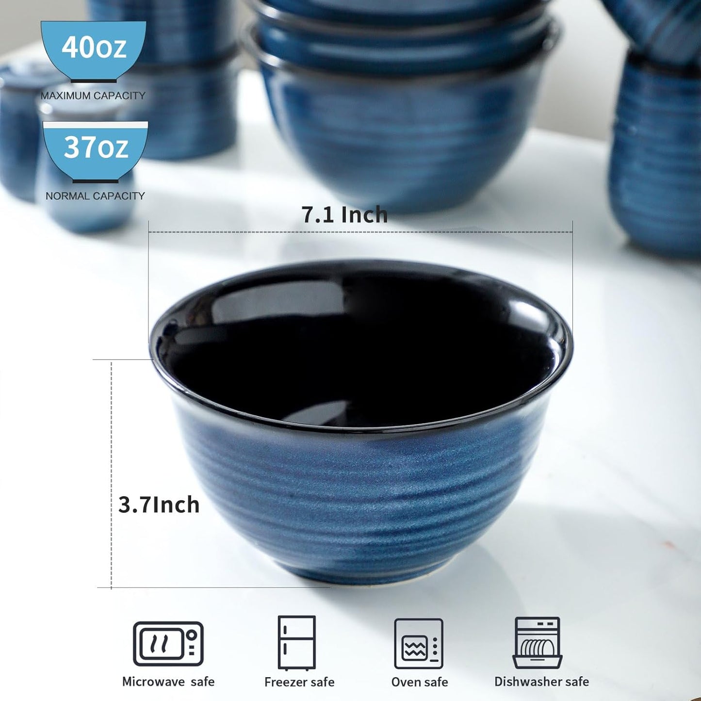 Meky Soup Bowls Set of 4,40 OZ Large Ceramic Bowls - 7 Inch Deep Bowls for Ramen, Pho, Salad, Pasta, Cereal