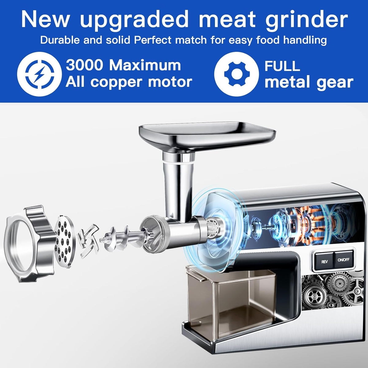 Electric Meat Grinder,3000 Max Stainless Steel Meat Mincer with 2 Blades,3 Grinding Plates,Food Pusher,Meat Claw,Sausage Stuffer Tubes & Kubbe Kit for Home & Kitchen Using