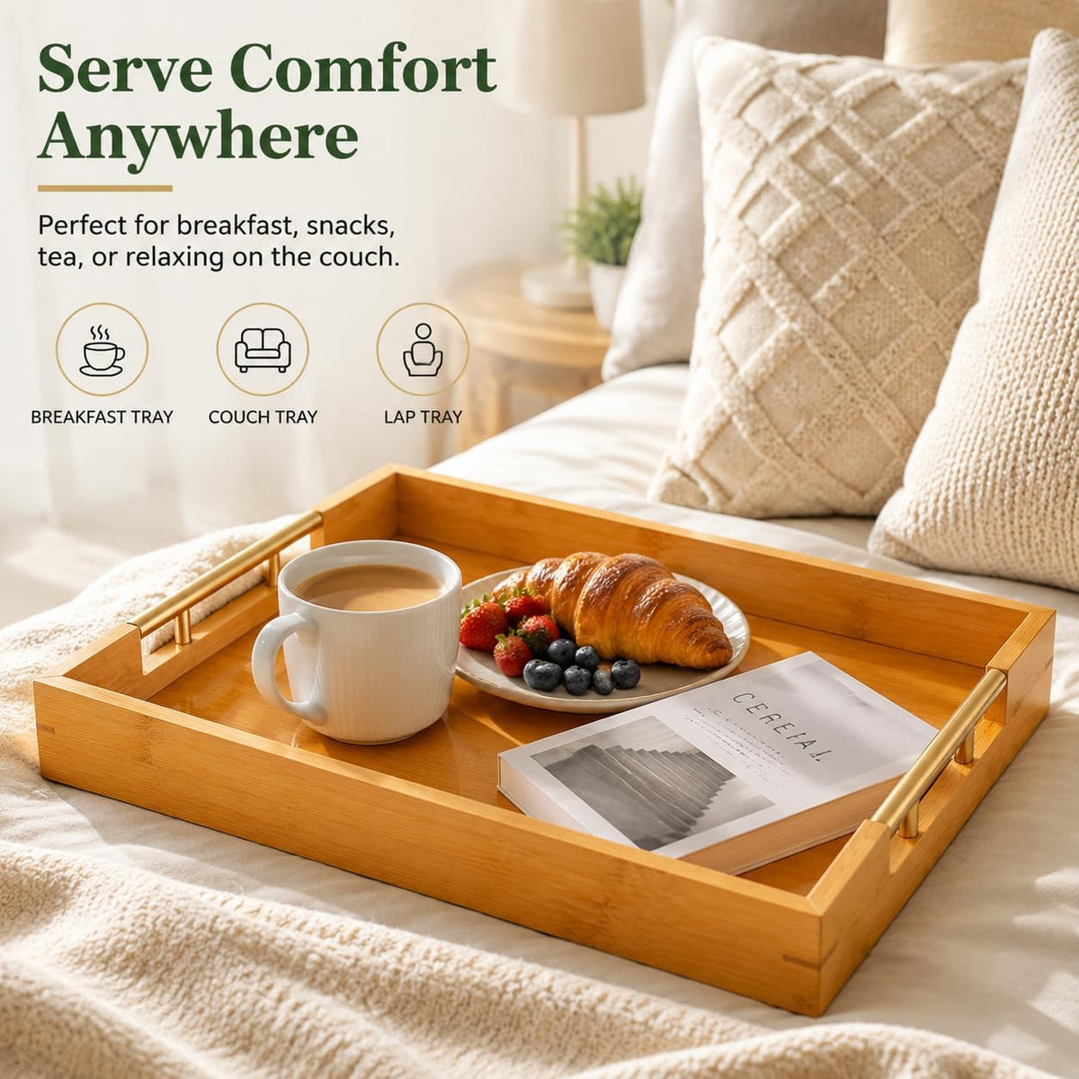 Bamboo Serving Tray, Wooden Tray with Gold Handles, 15L x10W x2H in | Deep Serving Tray, Decorative Tray, Rectangular Wood Tray, Coffee Table Tray, for Ottoman, Kitchen, Bedroom, Lap &amp; Couch