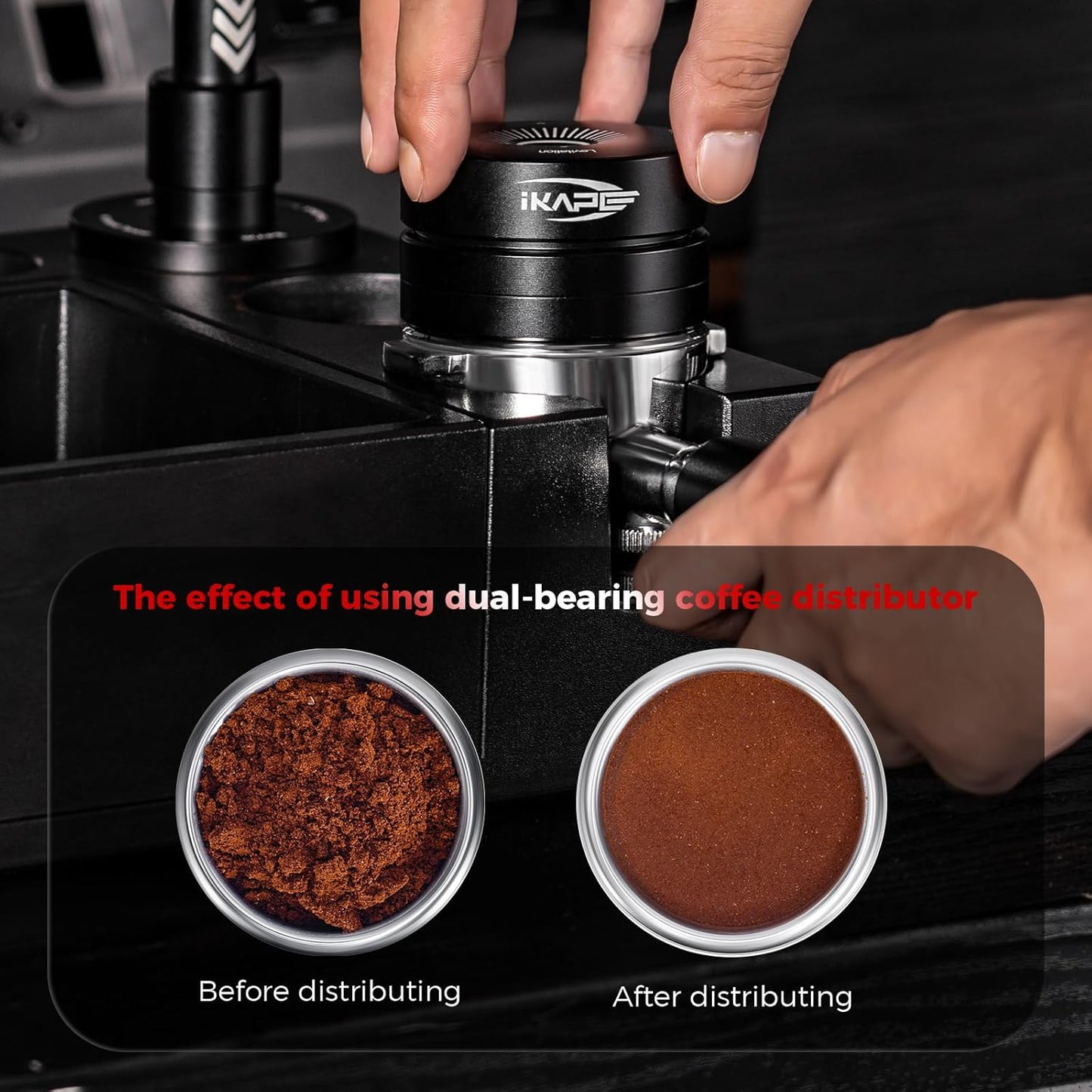 IKAPE 58.35MM Espresso Coffee Distributor, Coffee Dual-Bearing & High-Speed Distribution Tools, Adaptive Height Coffee Tamper Leveler for Over 58mm Portafilters