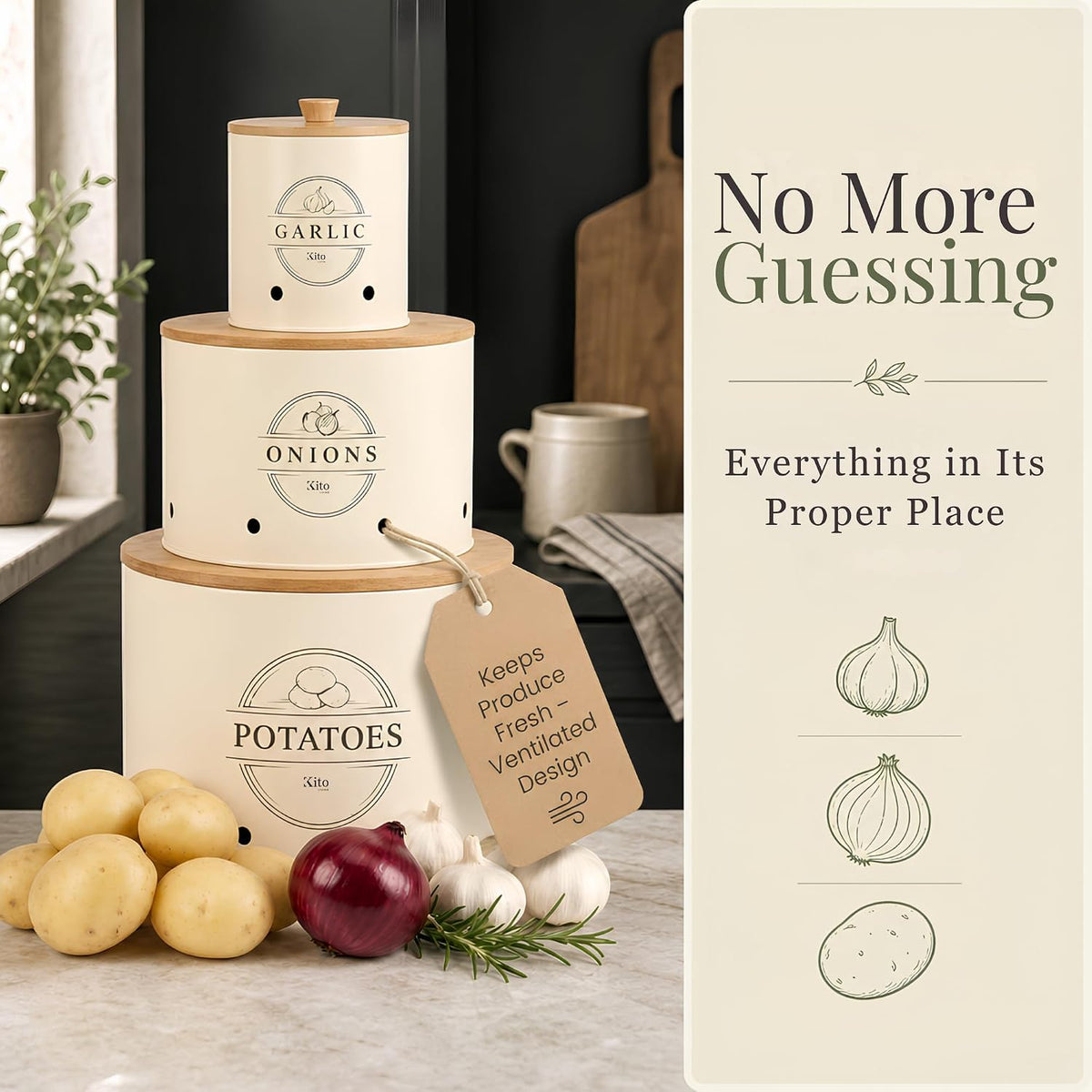 Canister Sets for Kitchen Counter with Wooden Bamboo Lids, Kitchen Canisters for Countertop, Stackable Steel Farmhouse Canisters for Potato Storage, Onion and Potato Storage Bins - White