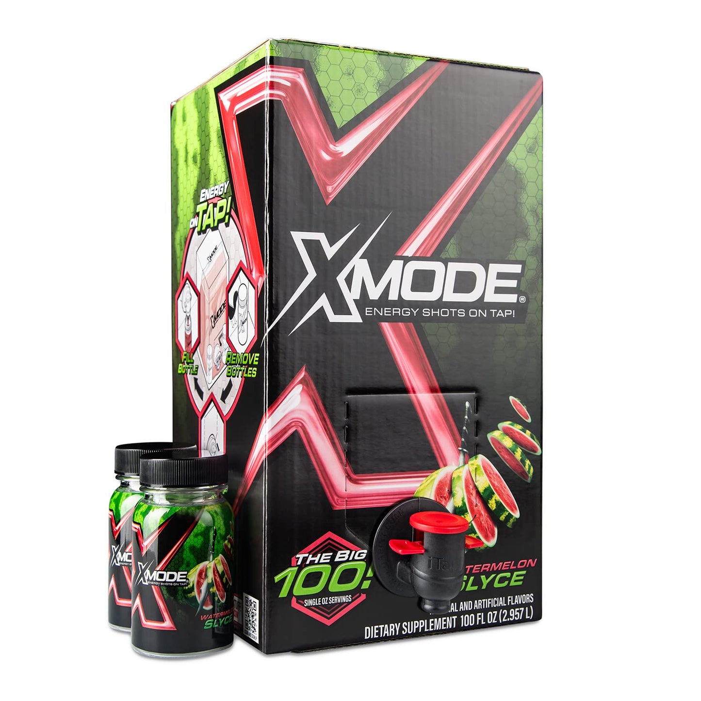 XMODE Energy Shots on Tap Dispenser – 100 (1oz) Servings with 2 Refillable Bottles, Watermelon Slyce Flavor, Extra Strength with 150mg Caffeine/oz, B12 and Sugar Free