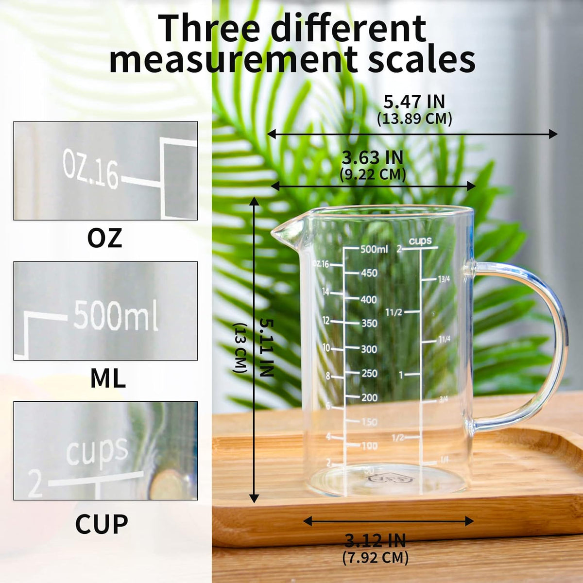 77L Glass Measuring Cup, [Insulated handle, V-Shaped Spout], High Borosilicate Glass Measuring Cup for Kitchen or Restaurant, Easy To Read, 500 ML (0.5 Liter, 2 Cup)