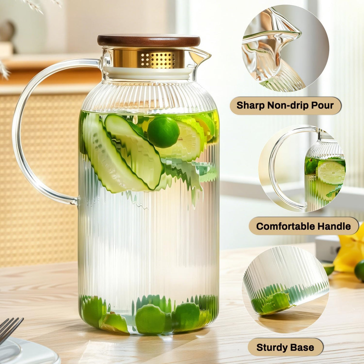 Buaic 2 PACK Glass Pitcher with Lid, 68oz/ 2 Liter Glass Water Pitcher | Classic Vertical Stripes Water Pitcher with Wooden Lids and Widened Handle, Glass Water Carafe for Iced Tea,Beverage,Hot/Cold