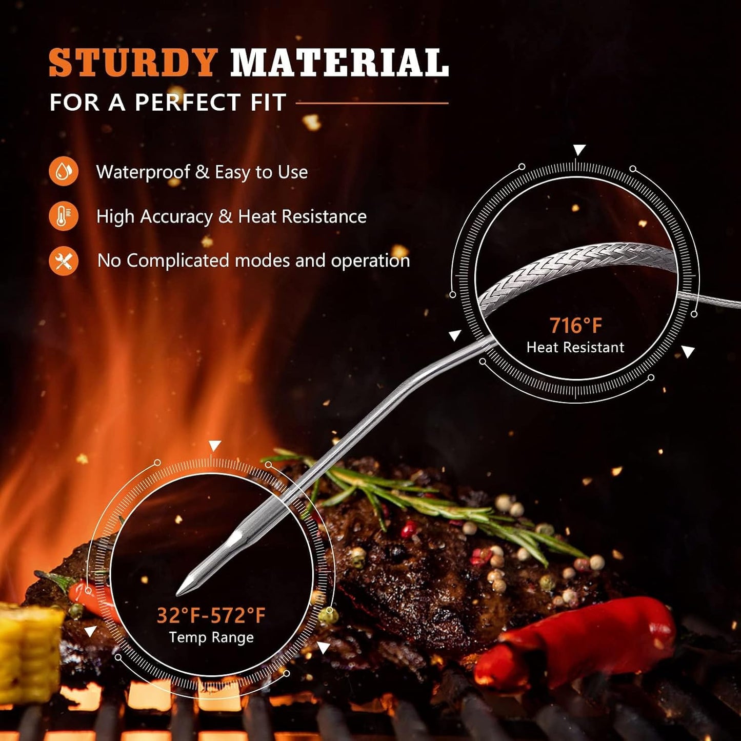 Meat Probe Thermometer Replacement for Thermopro TP10 TP25 etc, 2.5mm Plug | With 2 Clips, Steel Mesh Cable, Non-Slip Grip, Temp Range 32°F-572°F, 304 Stainless Steel, Plug &amp; Play, Waterproof Probe Tip