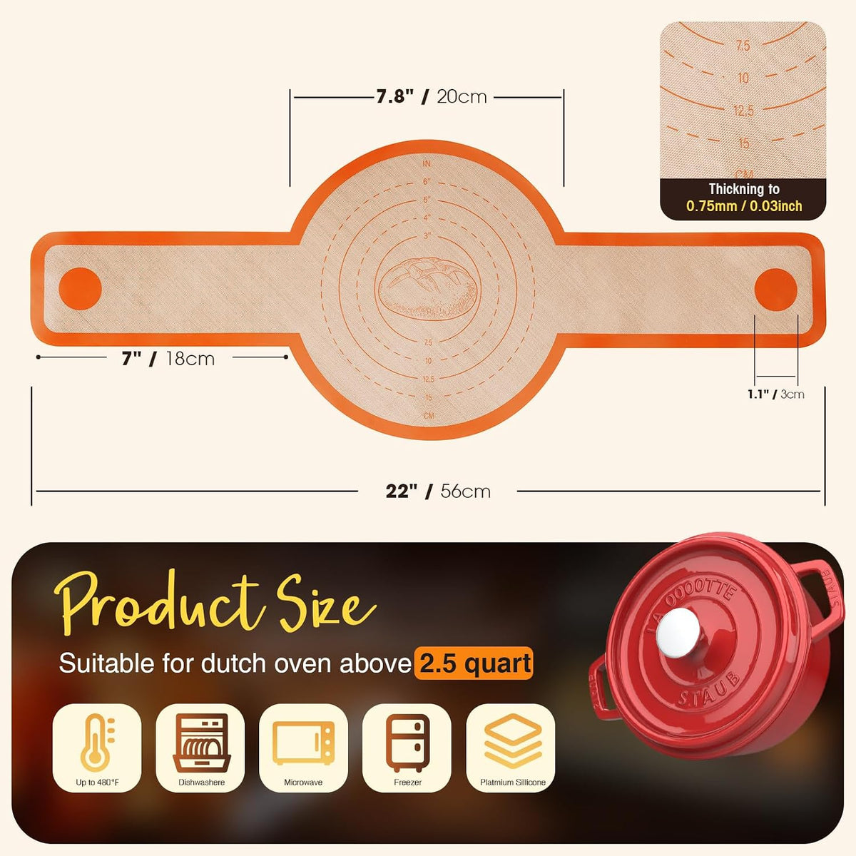 Dizywiee Silicone Bread Sling for Dutch Oven, 3-Pack Non-Stick &amp; Easy to Clean Bread Baking Mat Set, Reusable Bread Sling with Long Handle to Transfer Sourdough, 01.3Pack Black+Orange+Red