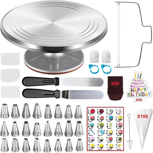 237 Pcs Cake Decorating Kit with Aluminium Alloy Rotating Cake Turntable,Cake Leveler,24 Numbered Icing Tips,2 Coupler,2