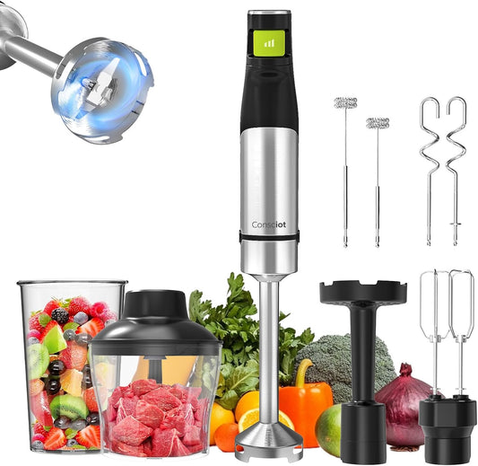 Consciot 7-in-1 Immersion Blender Handheld Max 1100W, Trigger Speed Control | Stick Emulsifier with Entire Stainless Steel Blender Shaft, 800ml Beaker, 600ml Chopper, Beaters, Frothers, Hooks &amp; Masher