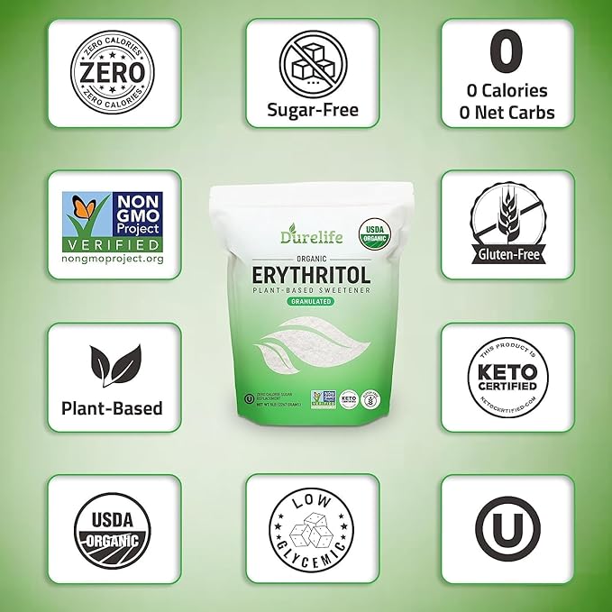 Durelife USDA organic erythritol sweetener, non gmo verified, Keto certified, No After Taste, Kosher, Zero Calorie Plant-Based Sugar Alternative 10 LB