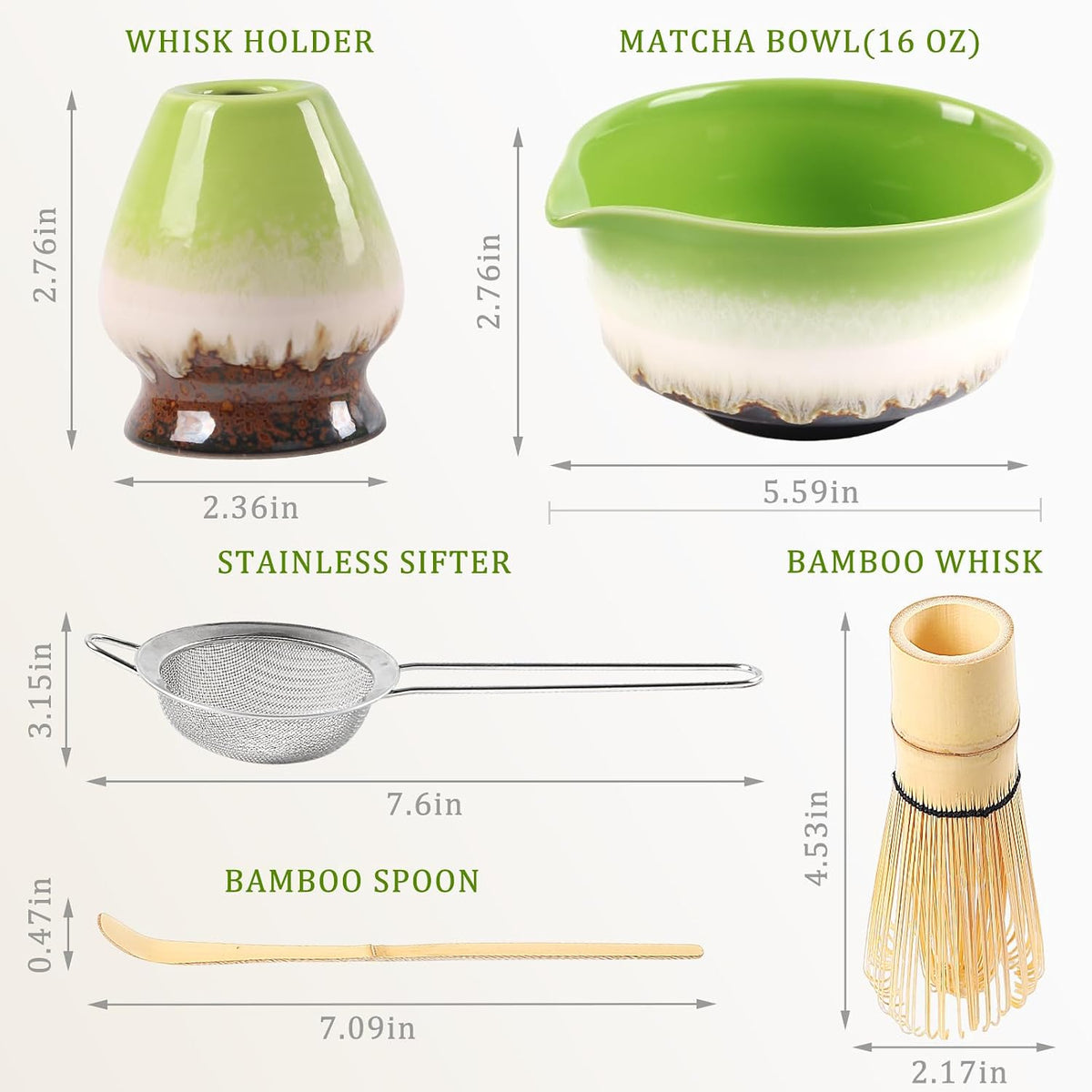 Matcha Whisk Set, 5 PCS Ceramic Matcha Set, Japanese Tea Set Includes Matcha Bowl with Spout, Whisk, Sifter, Holder and Bamboo Spoon, Matcha Kit Gift For Authentic Ceremony (Green)