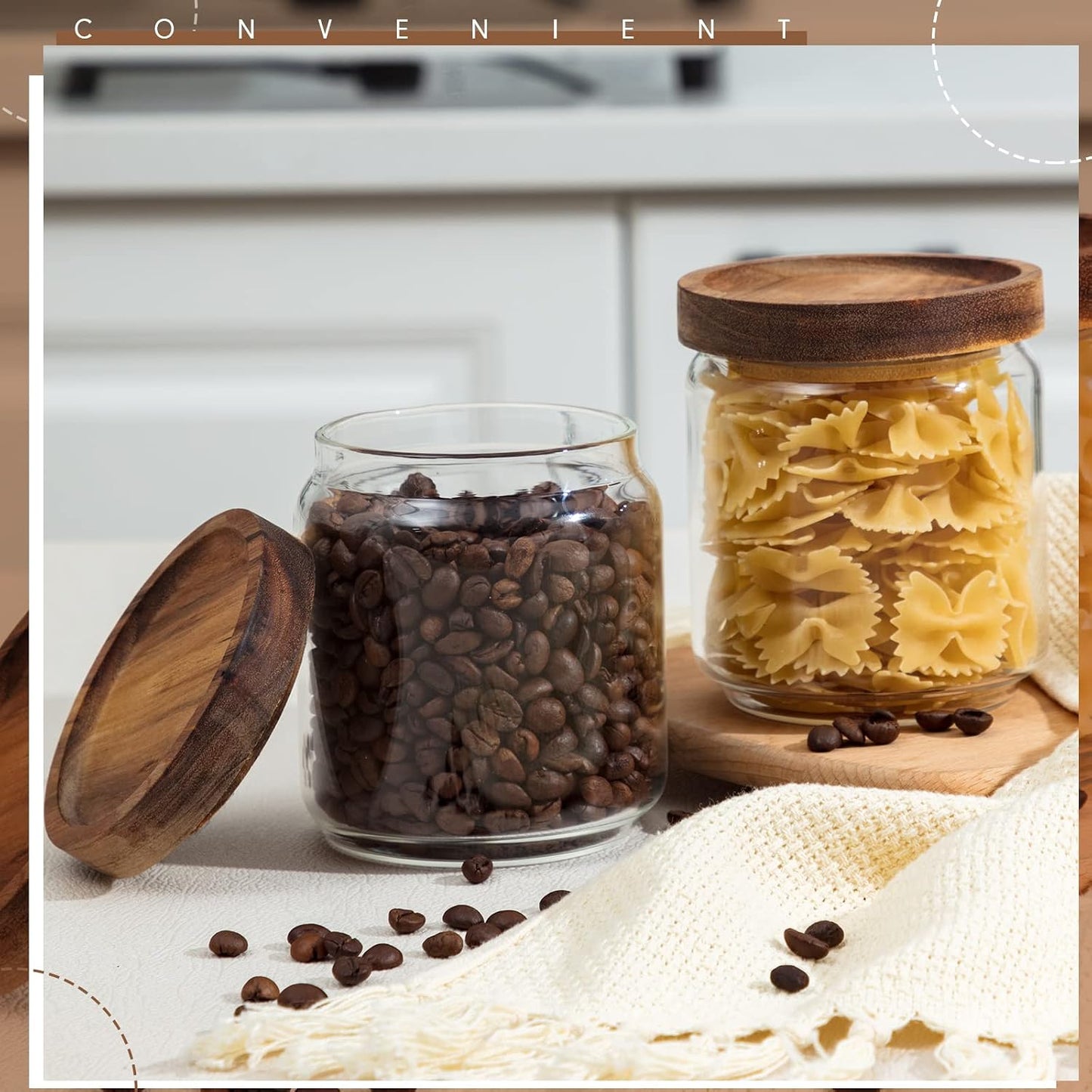 Irenare 16 Pack Glass Containers Canister Set, 17 oz Food Storage Spice Jars with Airtight Lids, Clear Kitchen Containers for Coffee Sugar Tea Beans Nuts Candy Pantry Organization (Wood)